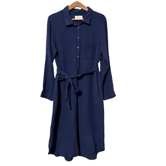 Xirena Long Gauze Belted Midi Dress Size XL Navy Lagenlook Bohemian Beachy - Picture 1 of 11